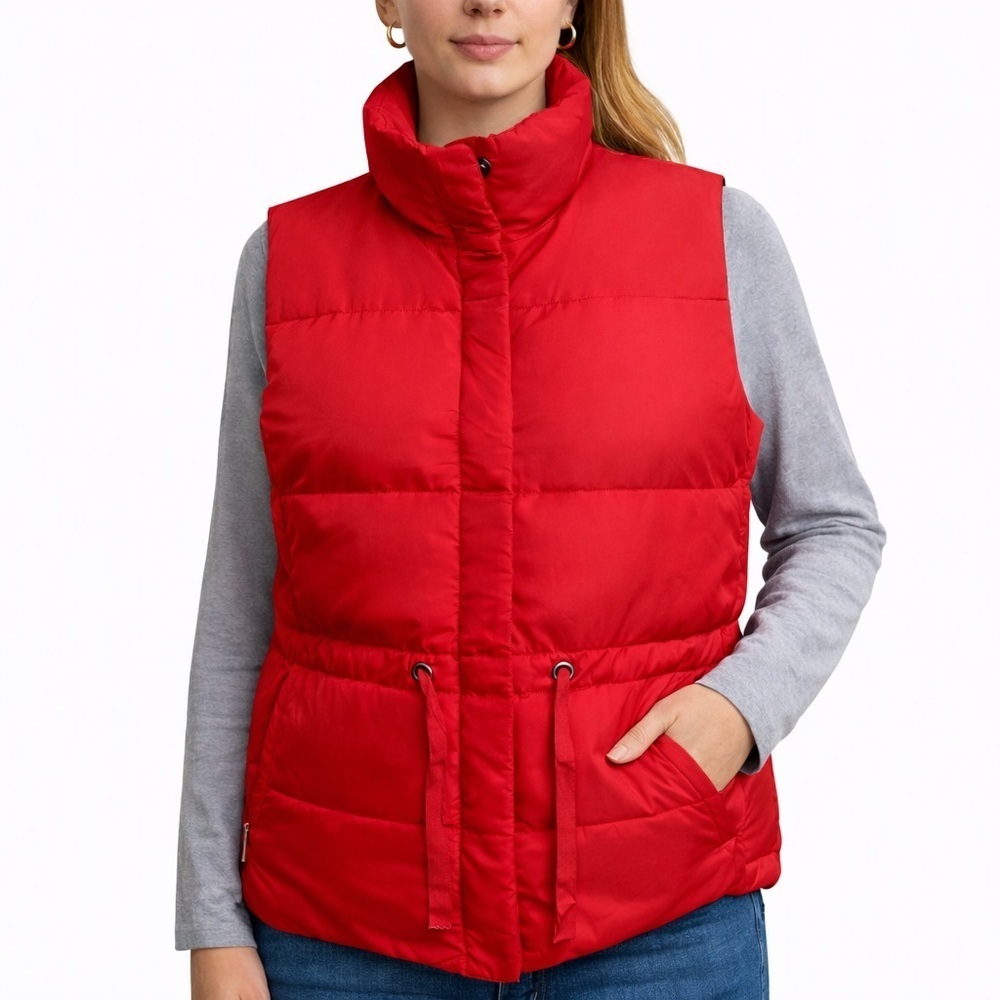 Lands’ End Canvas Women L Red Down Puffer Vest Cinch Waist Quilted
